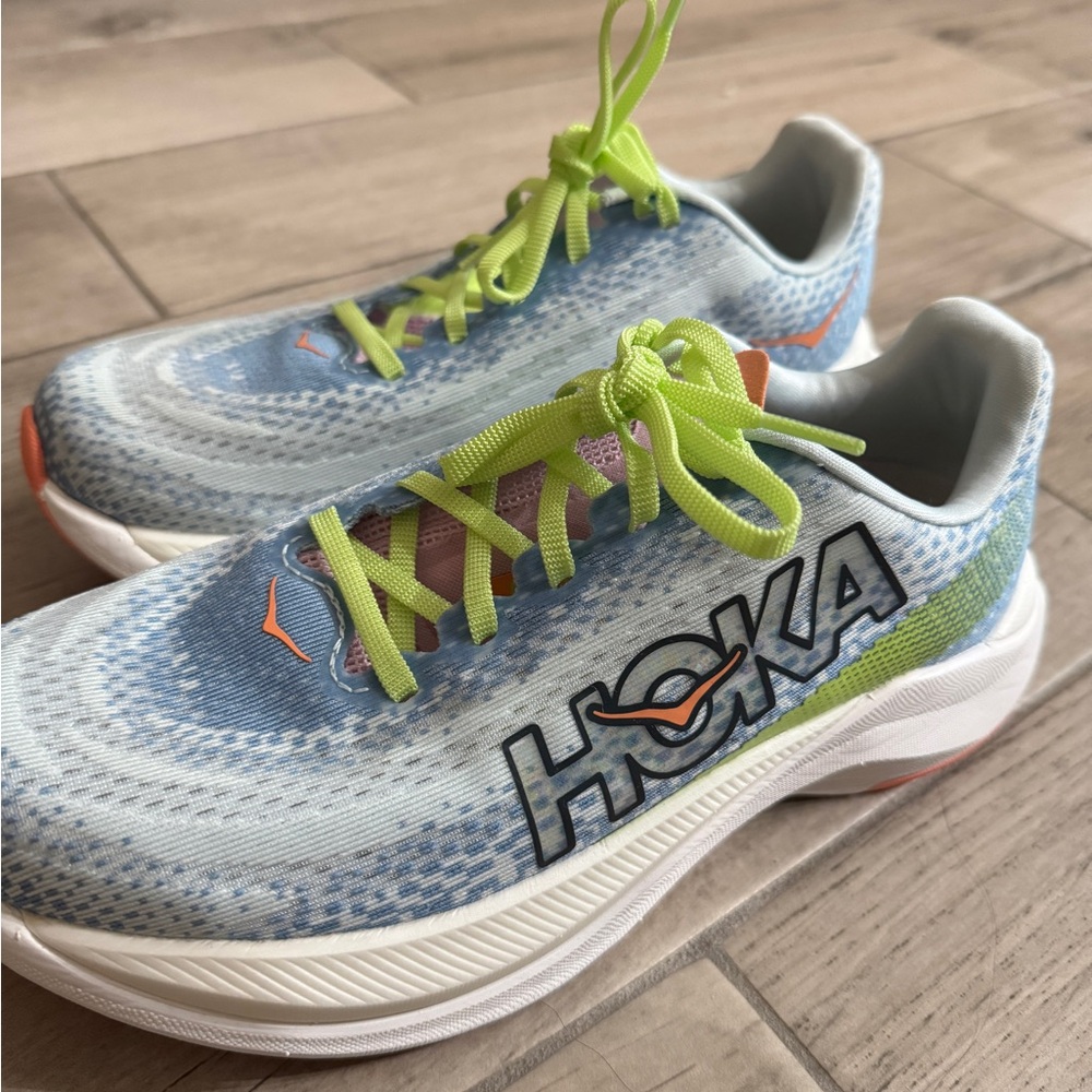 Hoka Light Blue and Lime Running Shoes